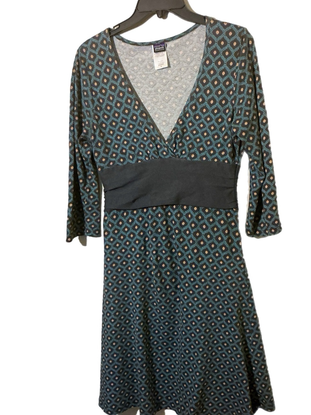 Patagonia Blue Patterned 3/4 Sleeve A-Line Dress with Gray Waistband